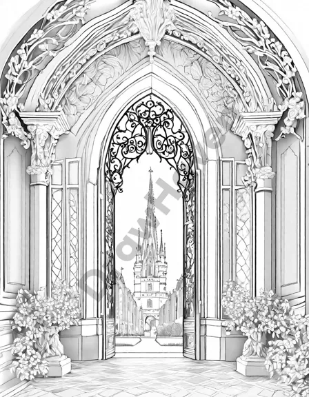sophisticated french chateaus coloring page featuring historic homes, intricate stonework, spires, gardens, windows, and doorways in black and white