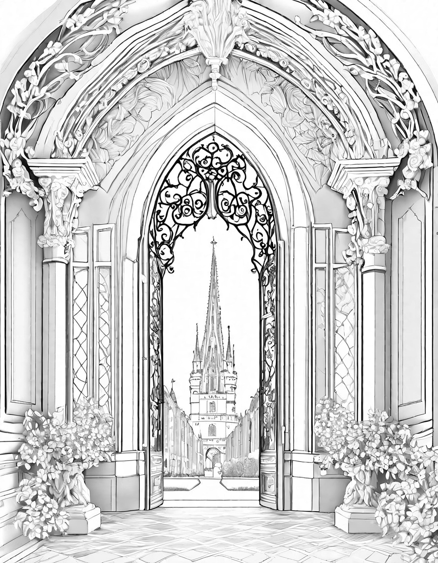 sophisticated french chateaus coloring page featuring historic homes, intricate stonework, spires, gardens, windows, and doorways in black and white