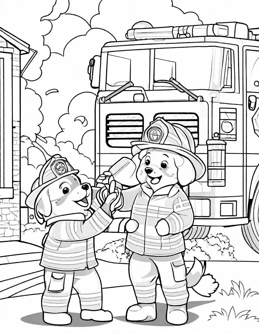 Coloring book image of firefighters celebrating with a rescued puppy outside a red fire engine at the fire station in black and white