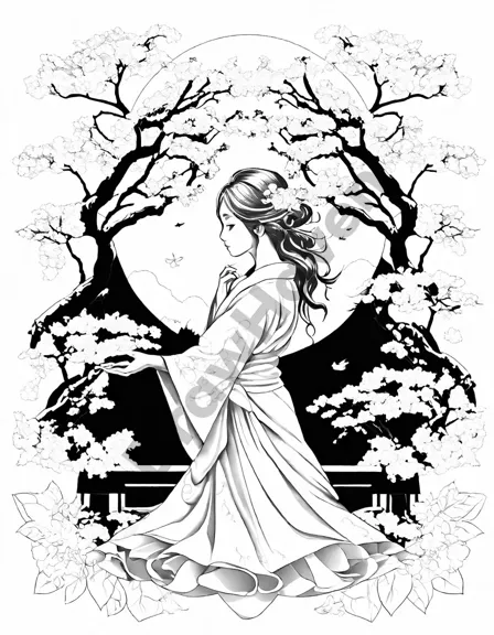cherry blossom dreamscape coloring page featuring delicate petals and vibrant flowers for a serene and ethereal experience in black and white