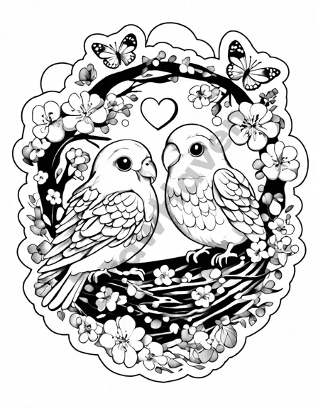 Coloring book image of lovebirds in heart-shaped nest among blooming cherry blossoms with butterflies and rainbow in black and white