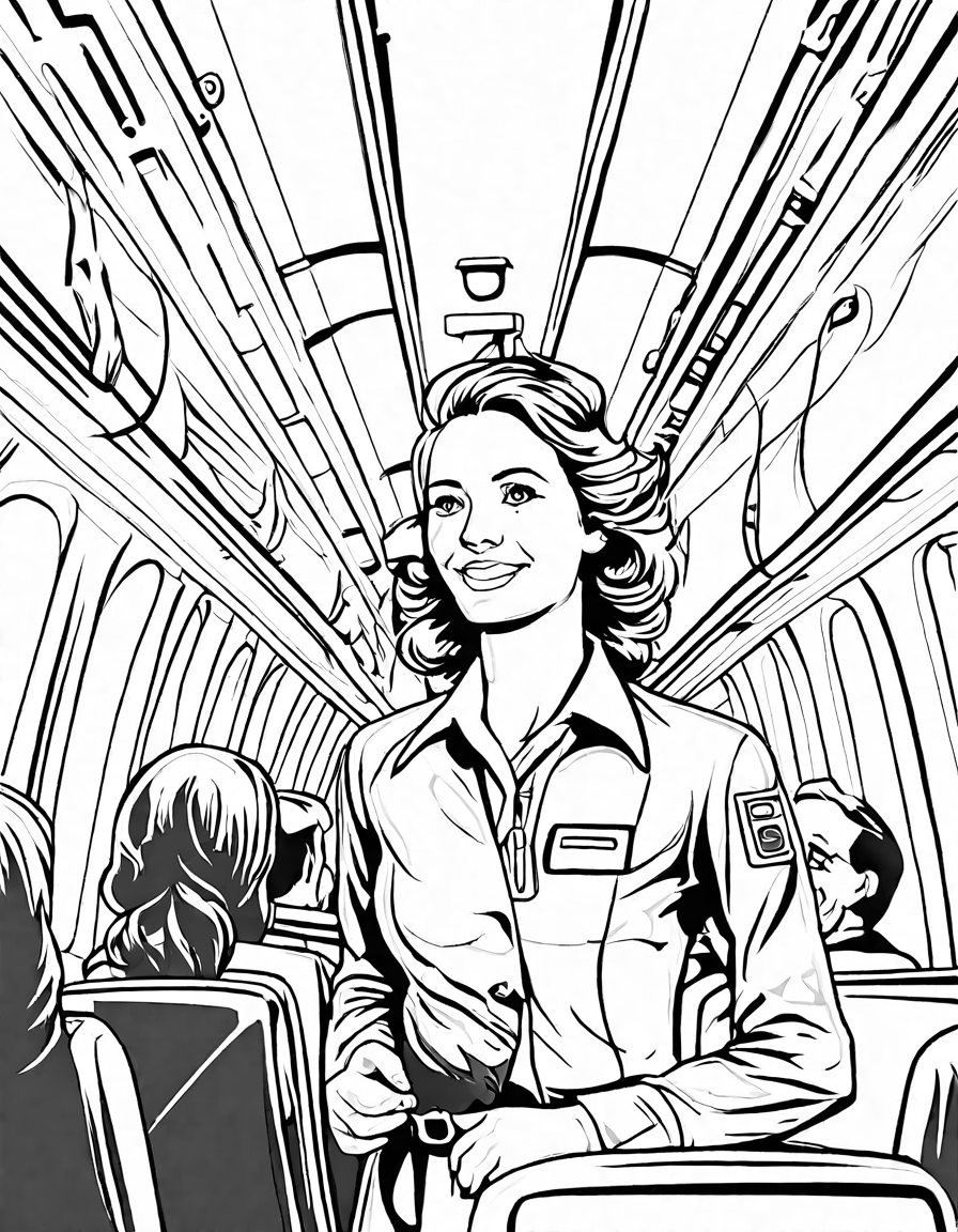 Coloring book image of flight attendants preparing for takeoff in an airplane cabin, engaging passengers in black and white