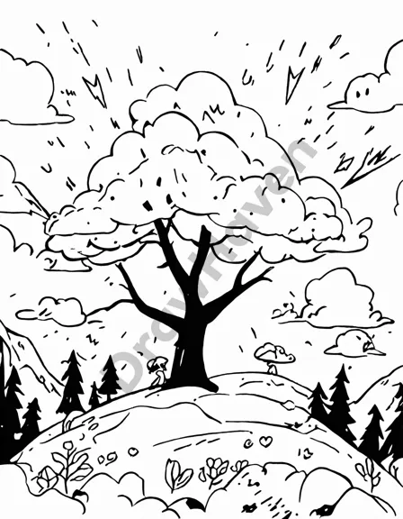 Coloring book image of dramatic thunderstorm over snow-capped mountains with a lone tree in the foreground in black and white