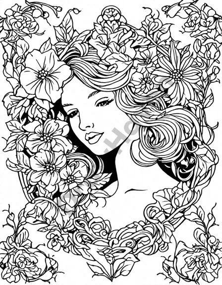 floral art nouveau coloring page with intricate patterns and botanical motifs in black and white