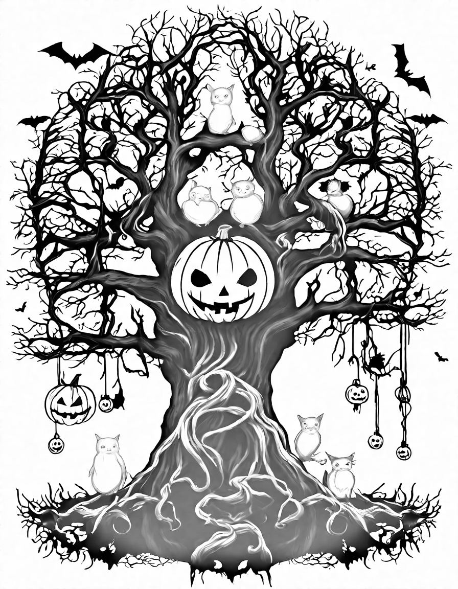 treehouse on halloween night coloring page with jack-o'-lantern, ghosts, and owls in black and white
