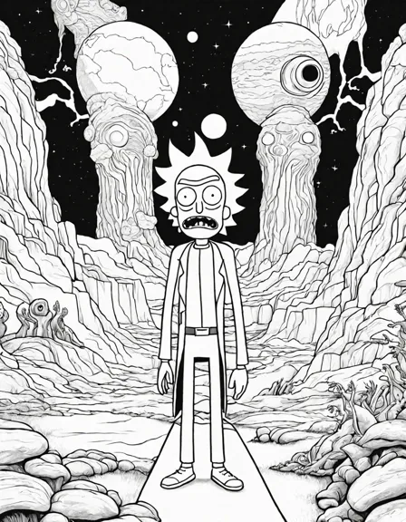 mystical coloring page featuring rick and morty on an interdimensional adventure through bizarre alien landscapes with whimsical characters in black and white