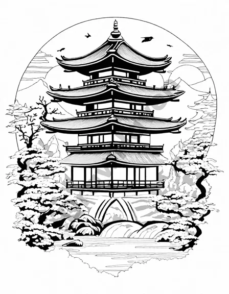 traditional japanese pagodas coloring page, featuring multi-tiered roofs, intricate woodwork, bonsai trees, and koi ponds for a serene artistic experience in black and white
