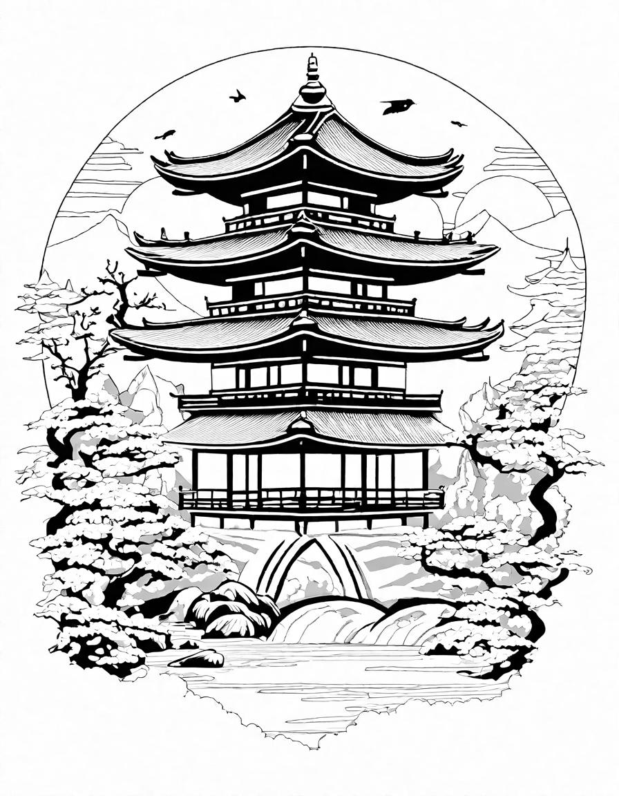 traditional japanese pagodas coloring page, featuring multi-tiered roofs, intricate woodwork, bonsai trees, and koi ponds for a serene artistic experience in black and white