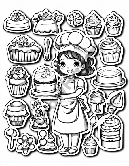 coloring book page of a baker decorating desserts in a kitchen filled with baking tools in black and white