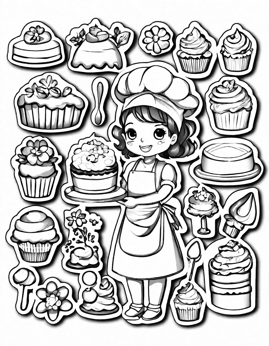 coloring book page of a baker decorating desserts in a kitchen filled with baking tools in black and white