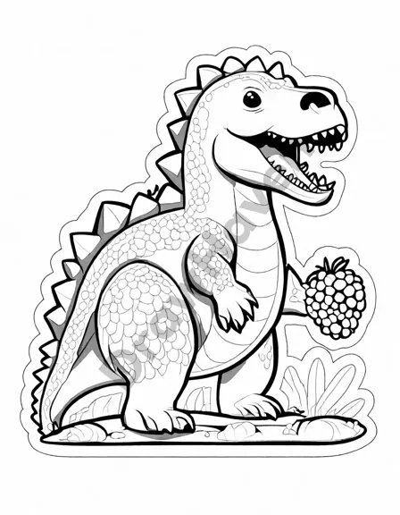 Coloring book image of whimsical scene of an iguanodon eating berries in a prehistoric forest with playful dinosaurs in black and white