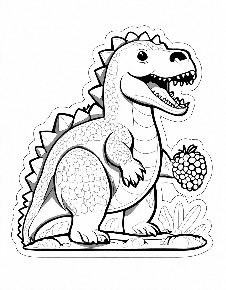 Coloring book image of whimsical scene of an iguanodon eating berries in a prehistoric forest with playful dinosaurs in black and white