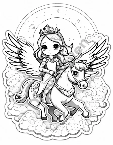 princess sapphire riding a pegasus over castles coloring page for children in black and white