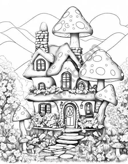 Coloring book image of whimsical gnome village with vibrant toadstools, cozy cottages, and playful gnomes in a magical hideaway in black and white