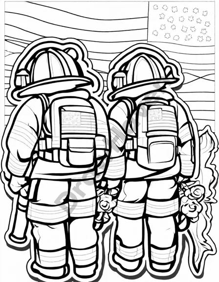 coloring page of firefighters paying respects to fallen comrades with a memorial and american flag in the background in black and white