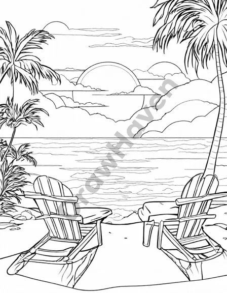 tropical beach coloring page at sunset with palm trees, calm sea, and beach chair, capturing the beauty and serenity of dusk in black and white