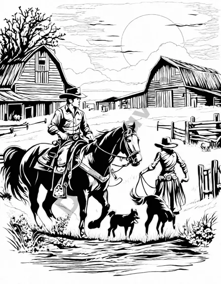 coloring book page featuring a cowboy and cowgirl tending horses on a wild west farm in black and white