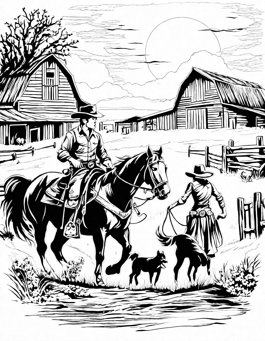 coloring book page featuring a cowboy and cowgirl tending horses on a wild west farm in black and white