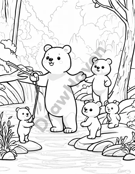 coloring book image of bear family by stream, eldest cub fishing under parent's watch in black and white