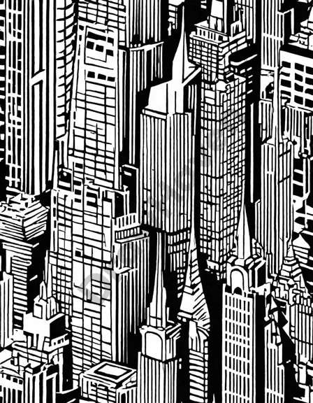 art deco masterpiece chrysler building in coloring book in black and white