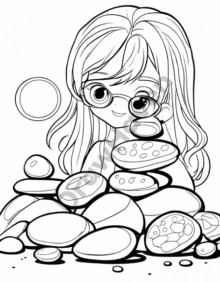 tranquil coloring page with balanced stack of smooth stones, serene waves, and clear sky for a peaceful coloring experience in black and white