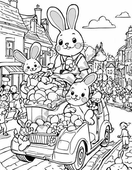 children and pets in easter parade with floats and decorations in a village street coloring book image in black and white
