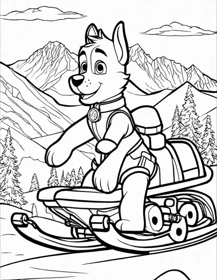 Coloring book image of paw patrol's everest on a snowmobile in a snowy mountain landscape in black and white