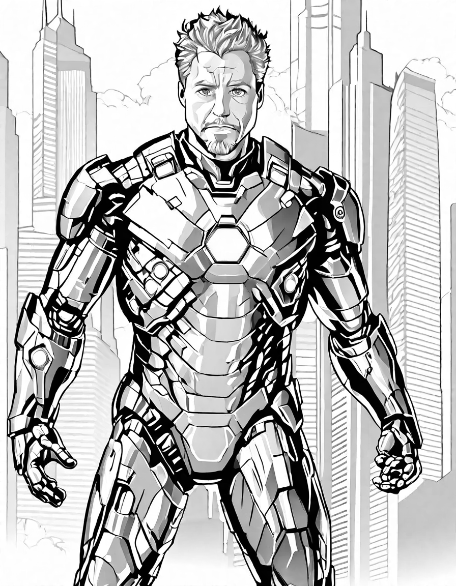 Coloring book image of tony stark, marvel's iconic iron man, poses triumphantly amid skyscrapers, his armor gleaming red and gold in black and white
