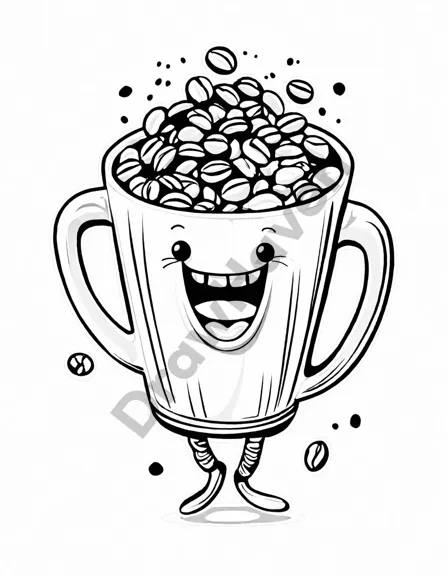 whimsical coloring page of a joyful coffee bean with intricate patterns in black and white