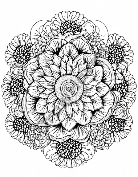 abstract coloring book page inspired by fibonacci sequence, featuring swirls and patterns reminiscent of pinecones, sunflowers, and seashells in black and white