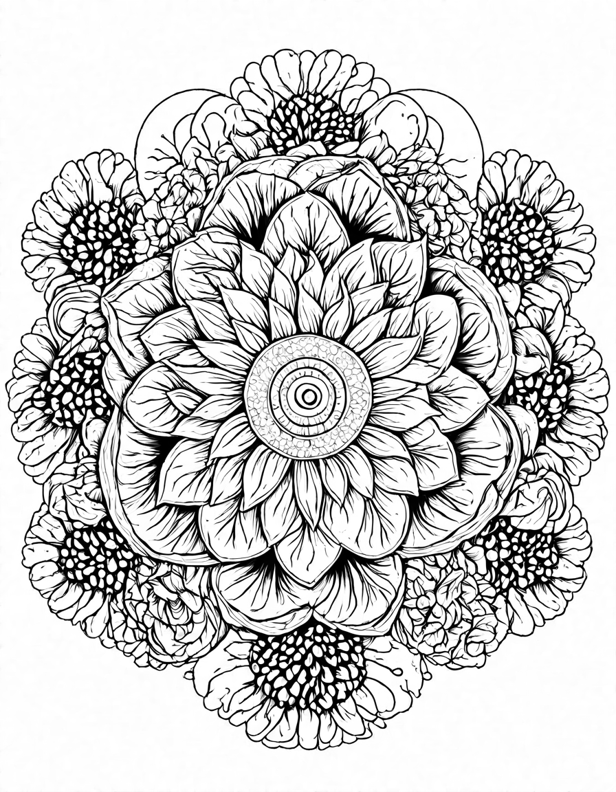 abstract coloring book page inspired by fibonacci sequence, featuring swirls and patterns reminiscent of pinecones, sunflowers, and seashells in black and white