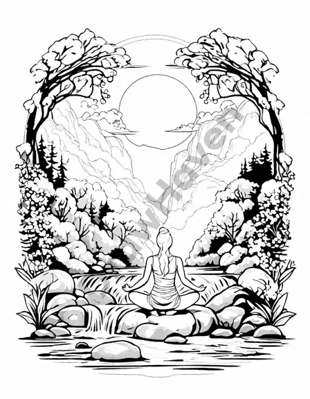 tranquil coloring book illustration featuring a skilled yogi balancing on river rocks amidst soothing nature scenery, perfect for meditative coloring with blues, greens, and earth tones in black and white