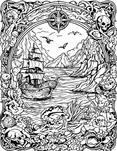 detailed pirate treasure map coloring page with paths, islands, sea creatures, and birds in black and white