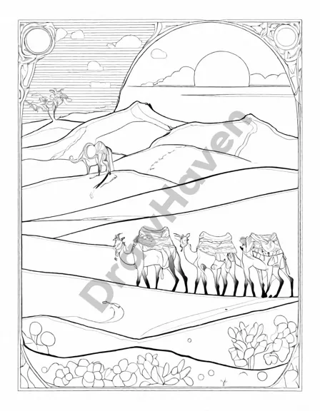 Coloring book image of majestic caravan of camels crossing desert dunes under the sun, with vibrant saddles in black and white