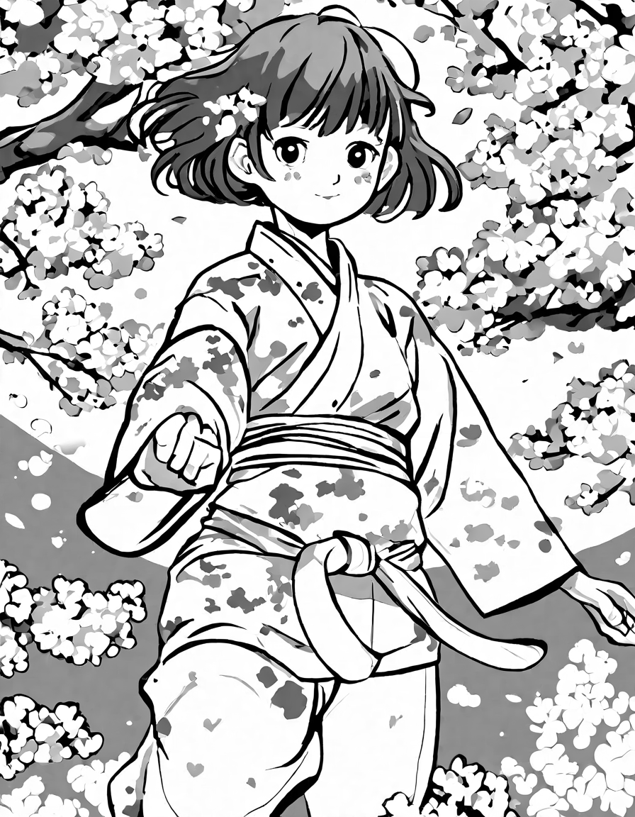 Coloring book image of martial artist performing a high kick in a dojo, surrounded by cherry blossoms in black and white