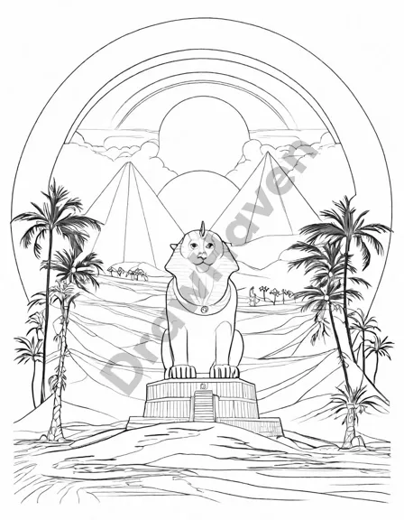 Coloring book image of sphinx stands majestic against the giza sands, with swaying palm trees casting intricate shadows on the golden dunes in black and white
