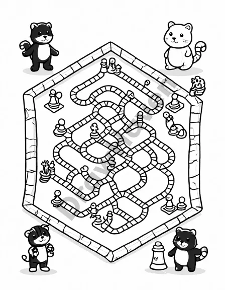 coloring page of a whimsical board game labyrinth featuring chess, monopoly, scrabble, and candy land in black and white