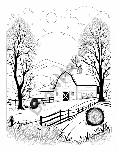 winter farmscape coloring page with snow-laden trees, farmhouse, animals, and rolling hills in black and white