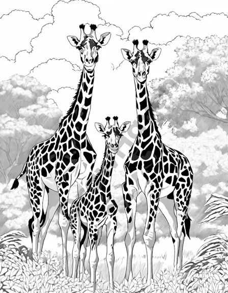 Coloring book image of family of giraffes gathers at an oasis, with the tallest reaching for leaves against a bright sky in black and white