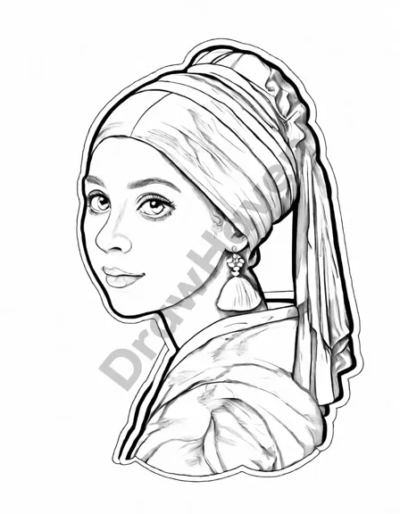 coloring book page inspired by vermeer's girl with a pearl earring in black and white