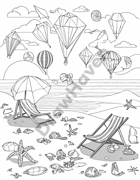 coloring page of kites flying over a beach with families, sunbathers, and beachcombers in black and white