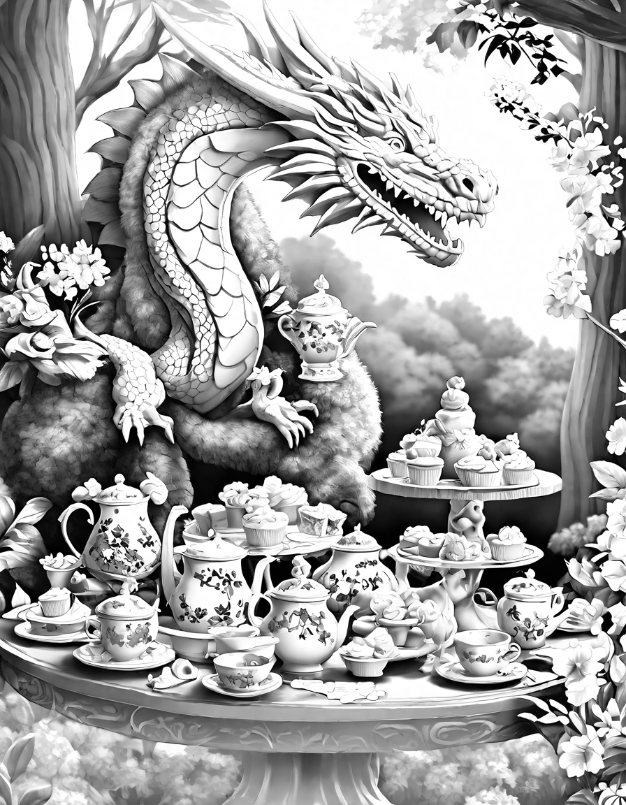 Coloring book image of fantastical dragon tea party in a sunlit glade with detailed dragons and assorted teatime treats in black and white