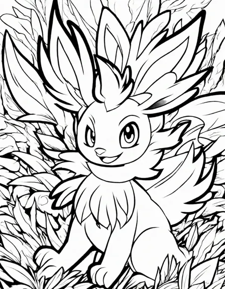 Coloring book image of braixen unleashes its magical leaf attack, enveloping foes in shimmering emerald blades in black and white