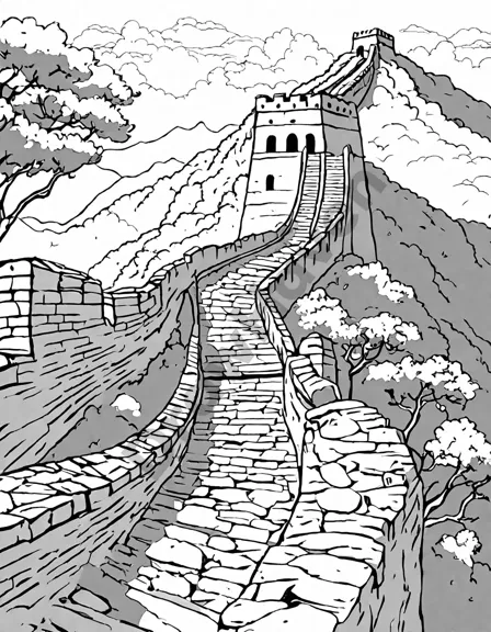 coloring page featuring the great wall of china winding through mountains in black and white