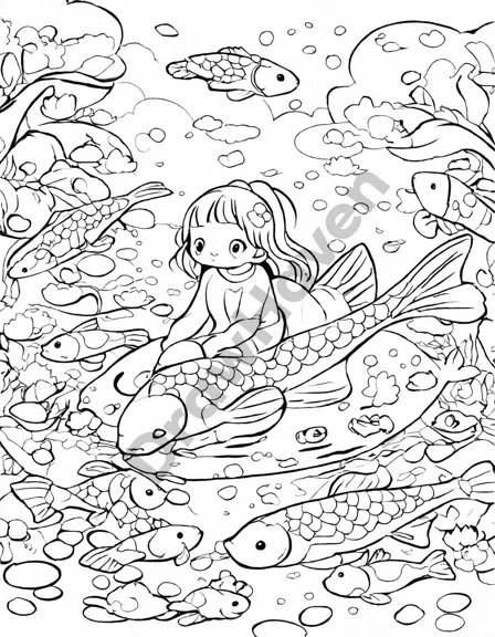 tranquil coloring book sketch: winding stream with lotus flowers, willow trees, and koi fish in gold, orange, and white hues in black and white