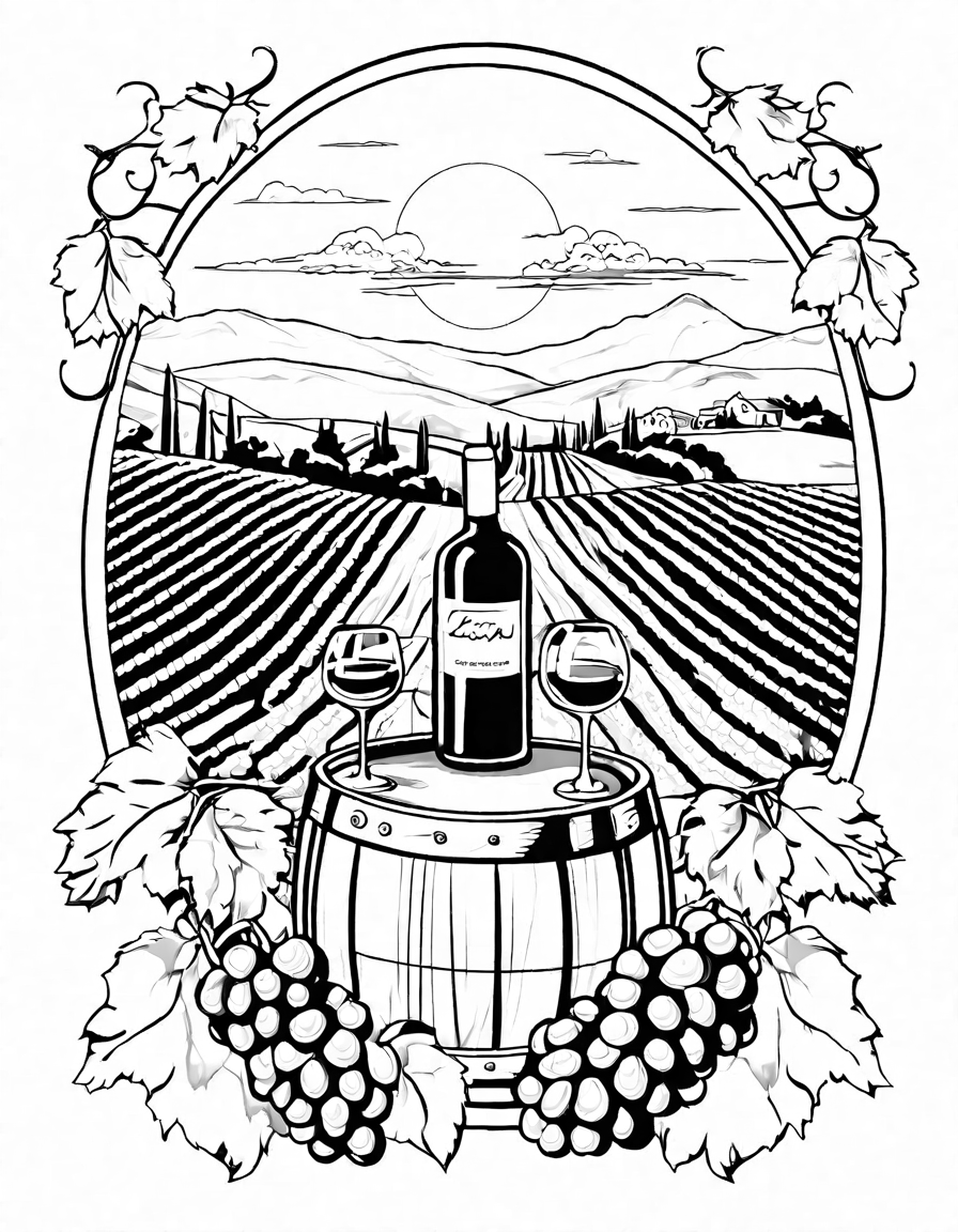 intricate coloring page showcasing the beauty of vineyards and the intricacies of winemaking in black and white