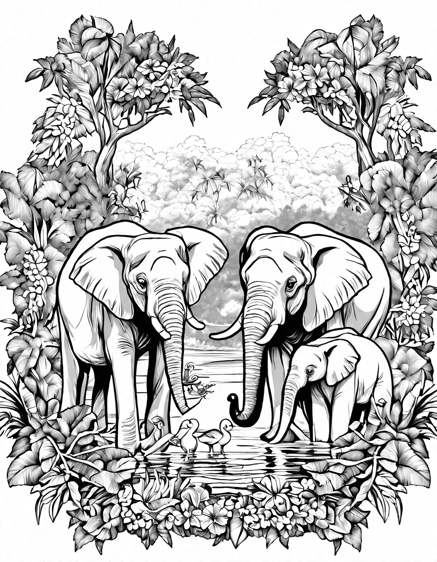 coloring book page featuring a tranquil jungle scene with elephants, giraffes, gazelles, parrots, and toucans at a watering hole in black and white