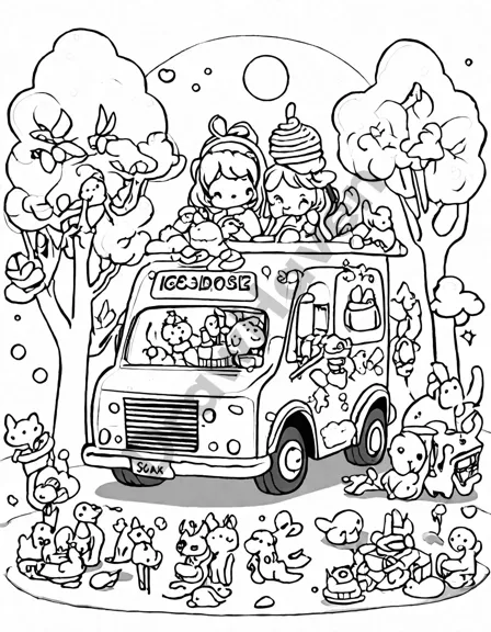 coloring page of 'the magic ice cream truck adventure' in an enchanted forest with magical creatures in black and white