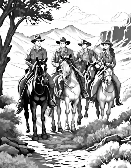 coloring book image of cowboys and cowgirls riding horses through the wild west landscape in black and white