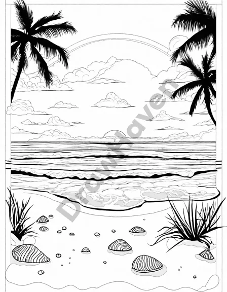 coloring page of a beach sunset with seashells and pebbles, perfect for relaxation and creativity in black and white